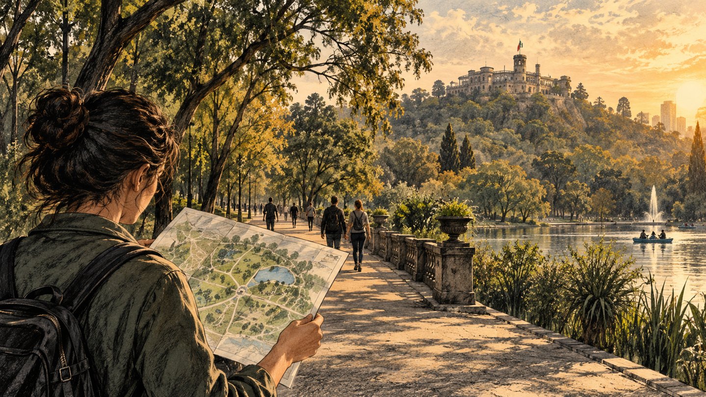 Ilustración conceptual de una persona con un plano ante un sendero arbolado y un lago inspirado en Chapultepec.