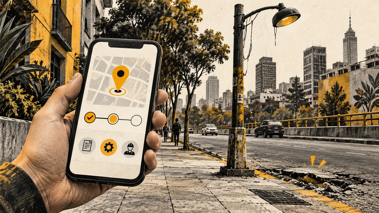 Ilustración conceptual de un teléfono con un marcador y seguimiento de reporte junto a una calle de Ciudad de México.